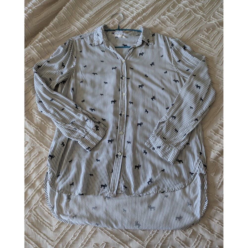 Jane and Delancey Striped Frenchie Dog Print Button Down Shirt Women's Medium M
